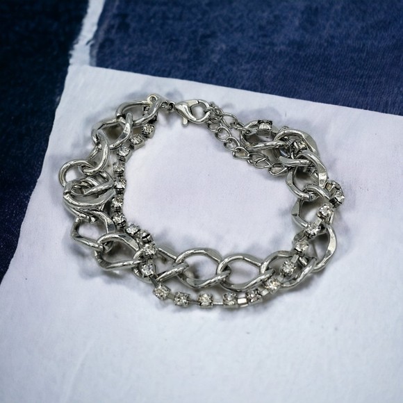 Rhinestone Bracelet Tennis Chain Link Double Strand Statement Jewelry Silvertone - Picture 6 of 9